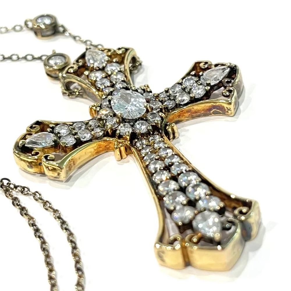 VTG Gold Plated 925 Sterling Silver Cross CZ Pendant & Chain